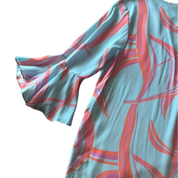 La Roque Park 100% silk blue, coral, and pink top with statement sleeves - Picture 5 of 12